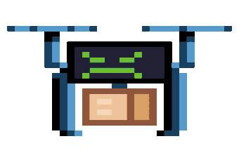 Animated gif of a pixel animated angry drone delivering a box.