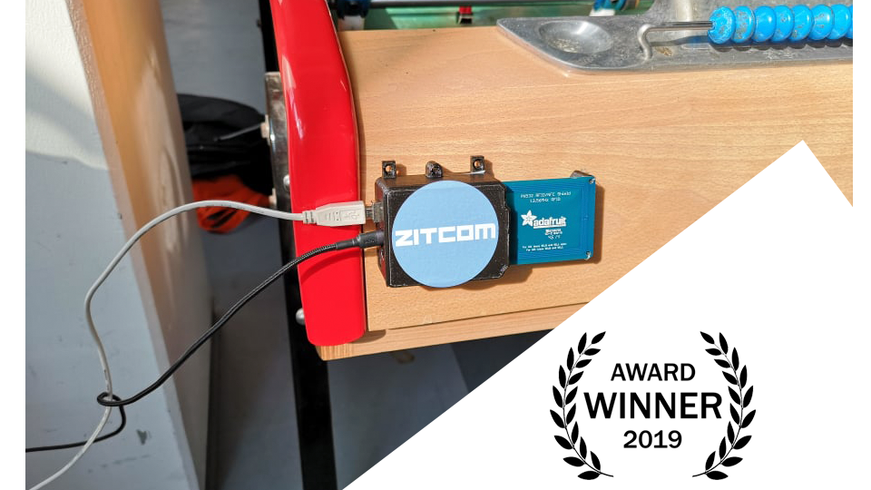 Zitcom hardware sitting on a soccer table. Award winner 2019.